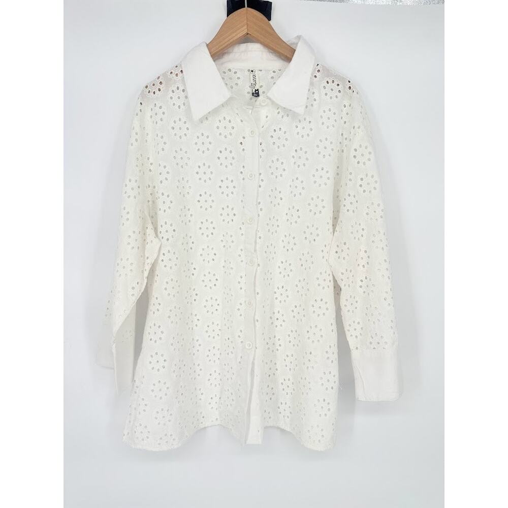 ICanToo Top Women Size XL White Eyelet Lace Button Up Capsule Cottage Romantic